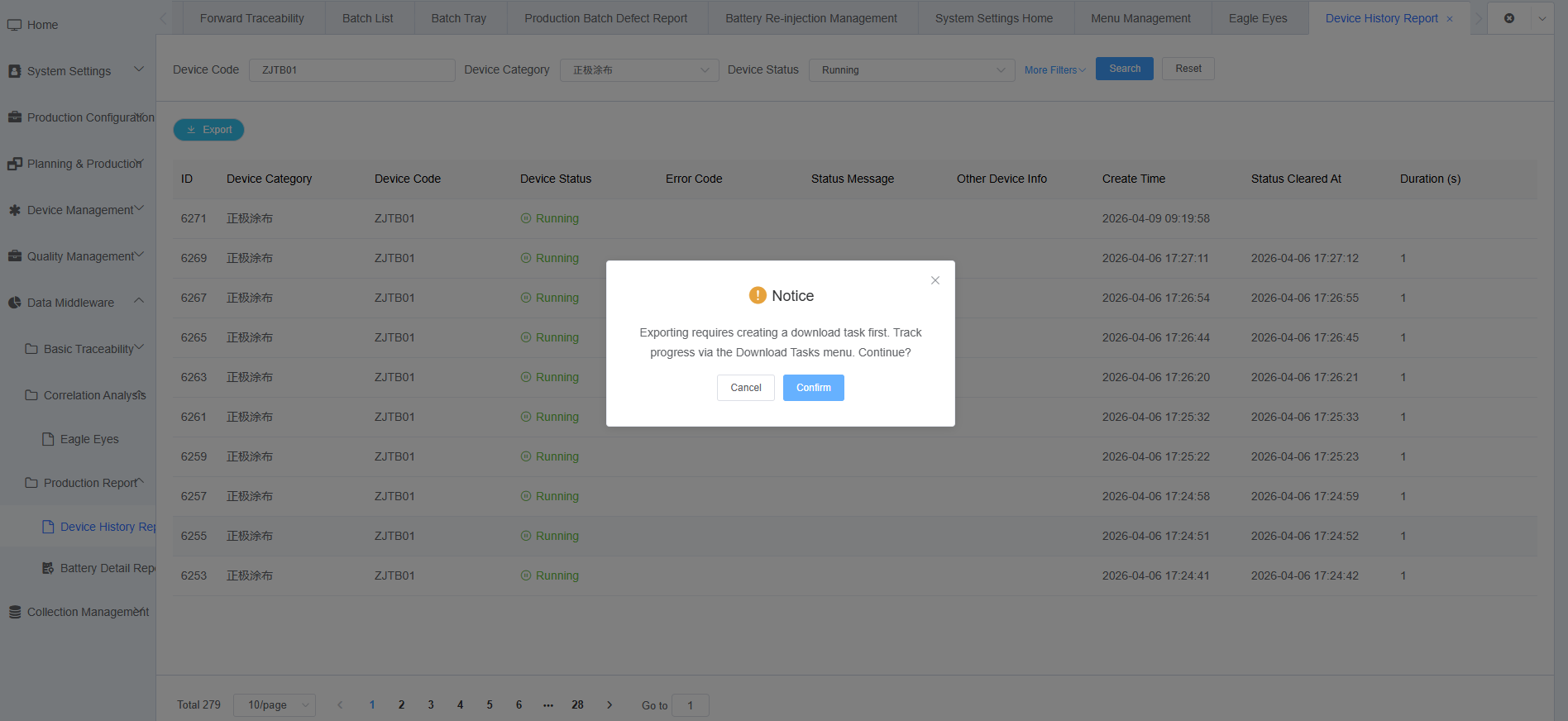 Equipment History Export Confirmation Screenshot