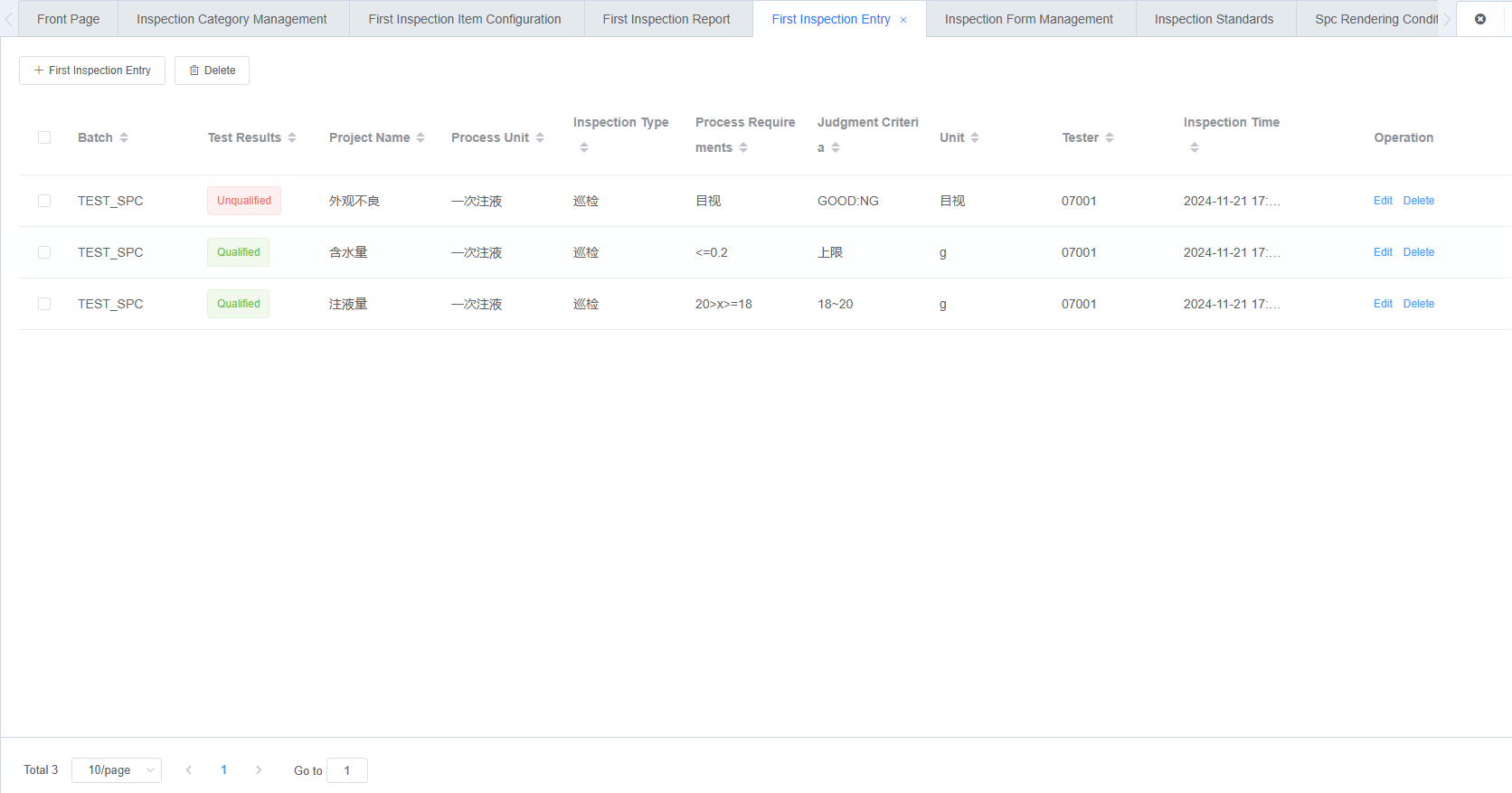 First Inspection Report Screenshot