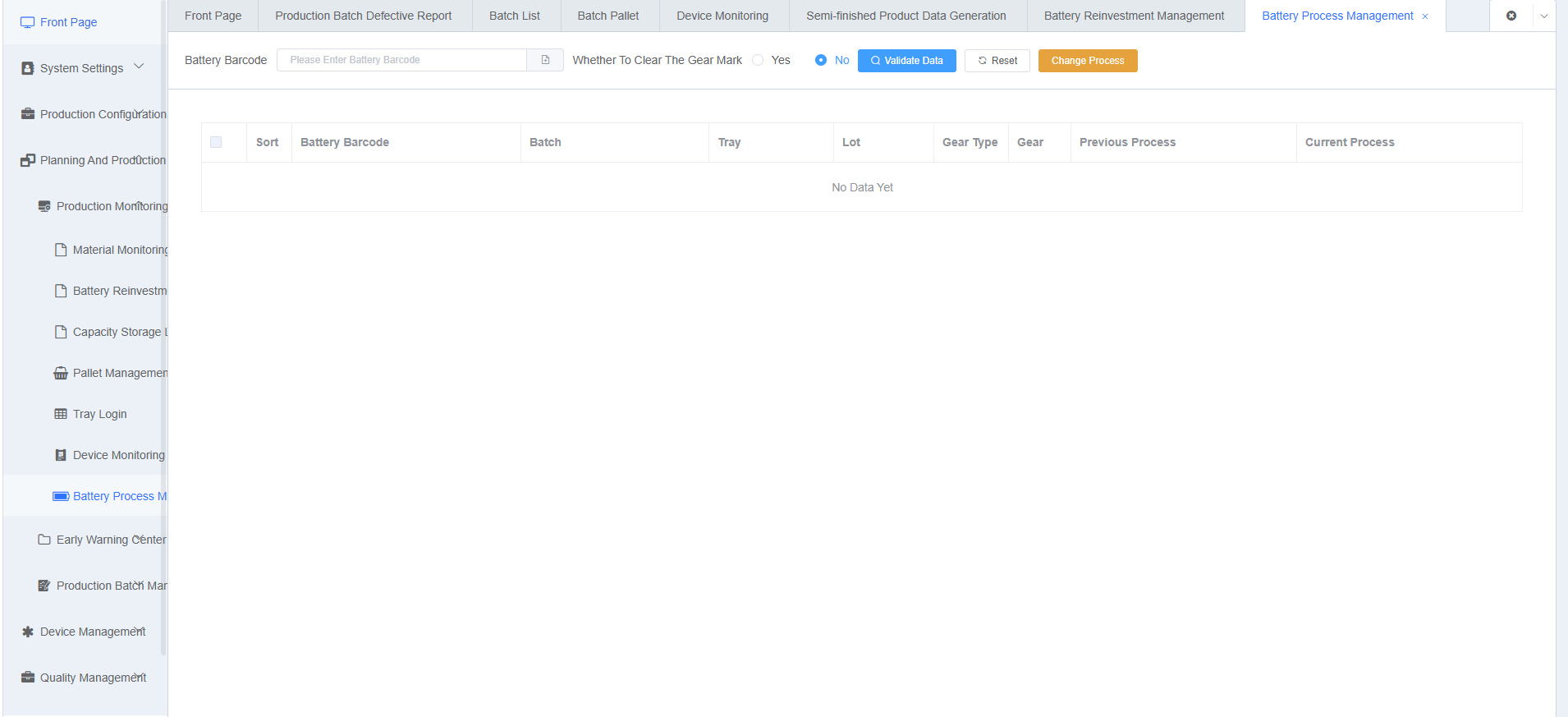 Battery Process Management Page Screenshot