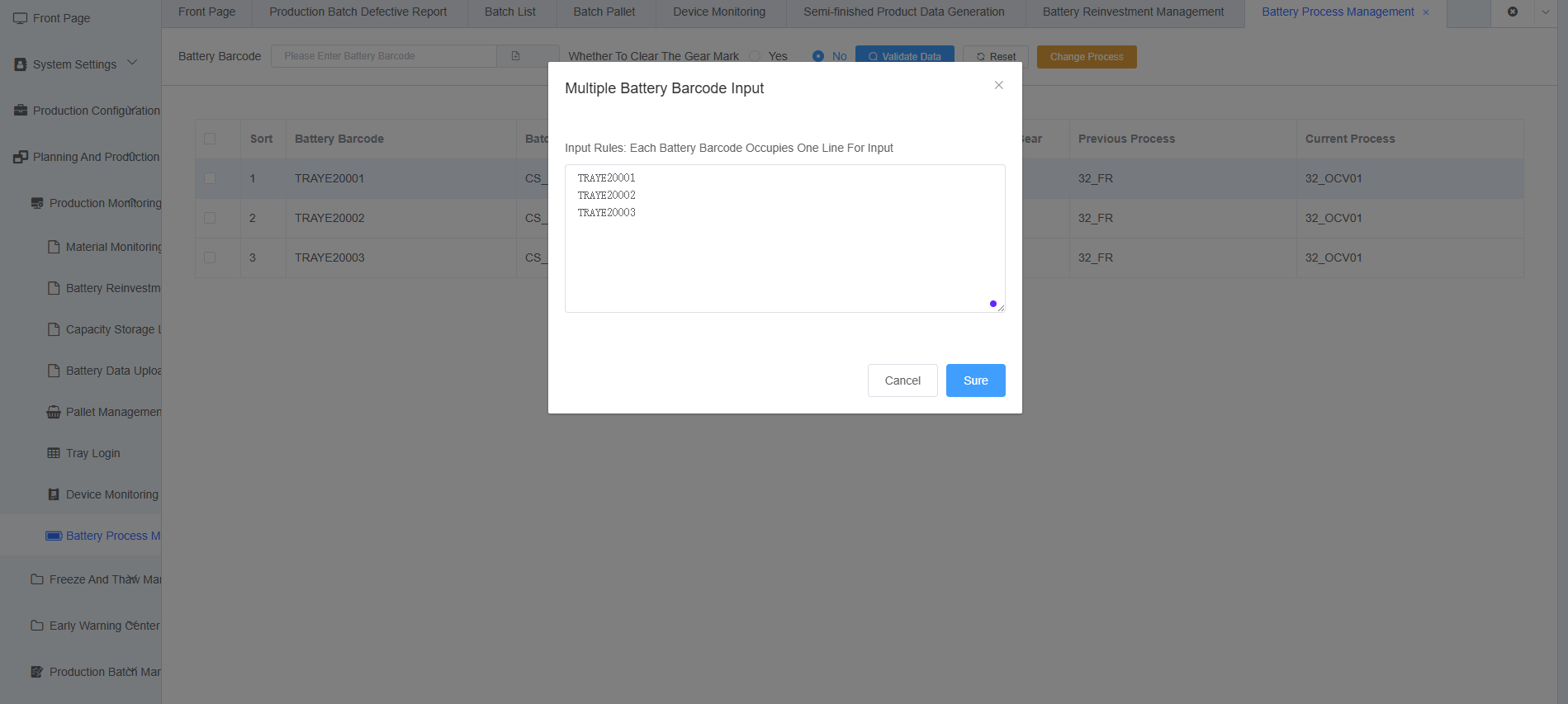Battery Data Entry Page Screenshot