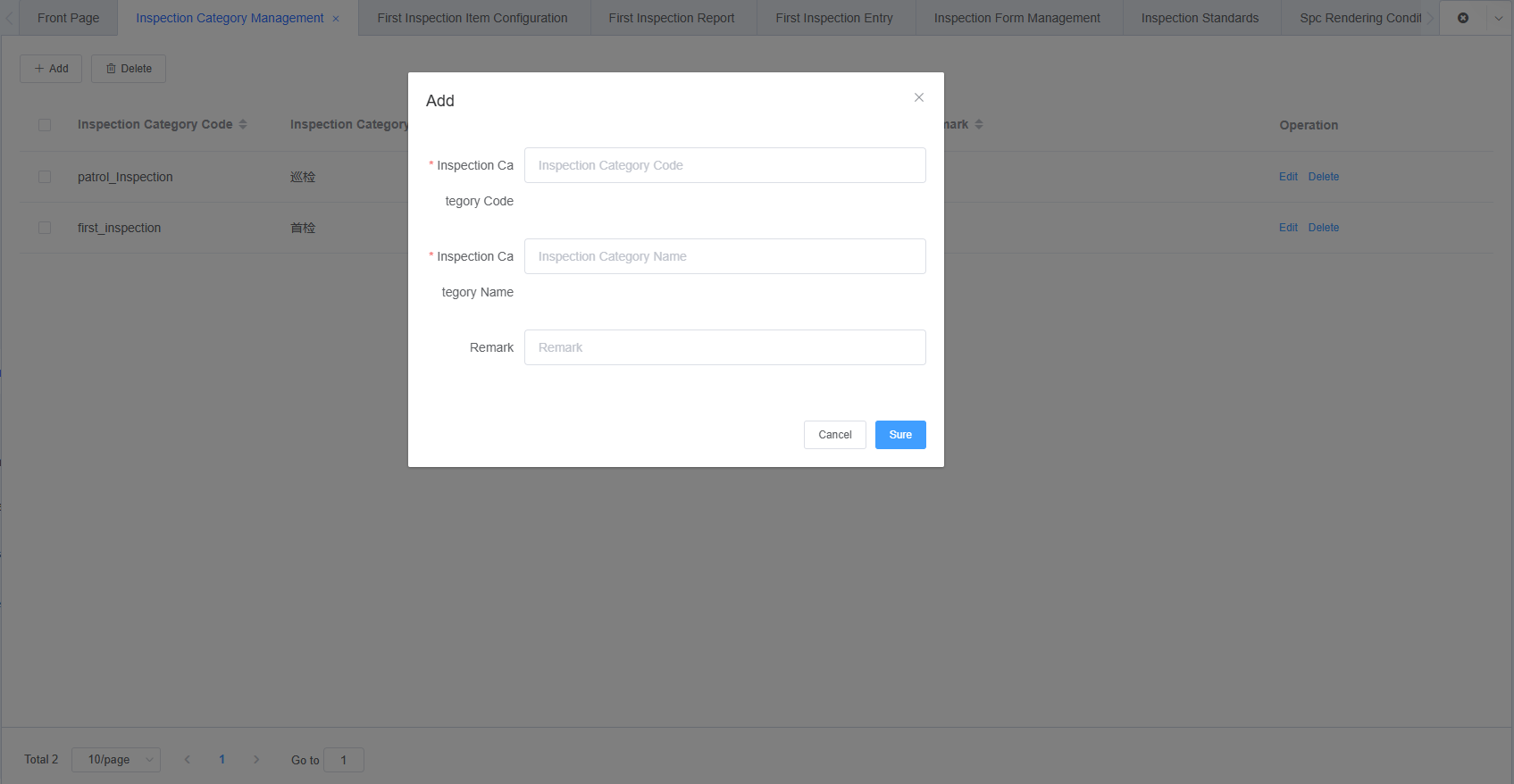 Add Inspection Category Management Screenshot