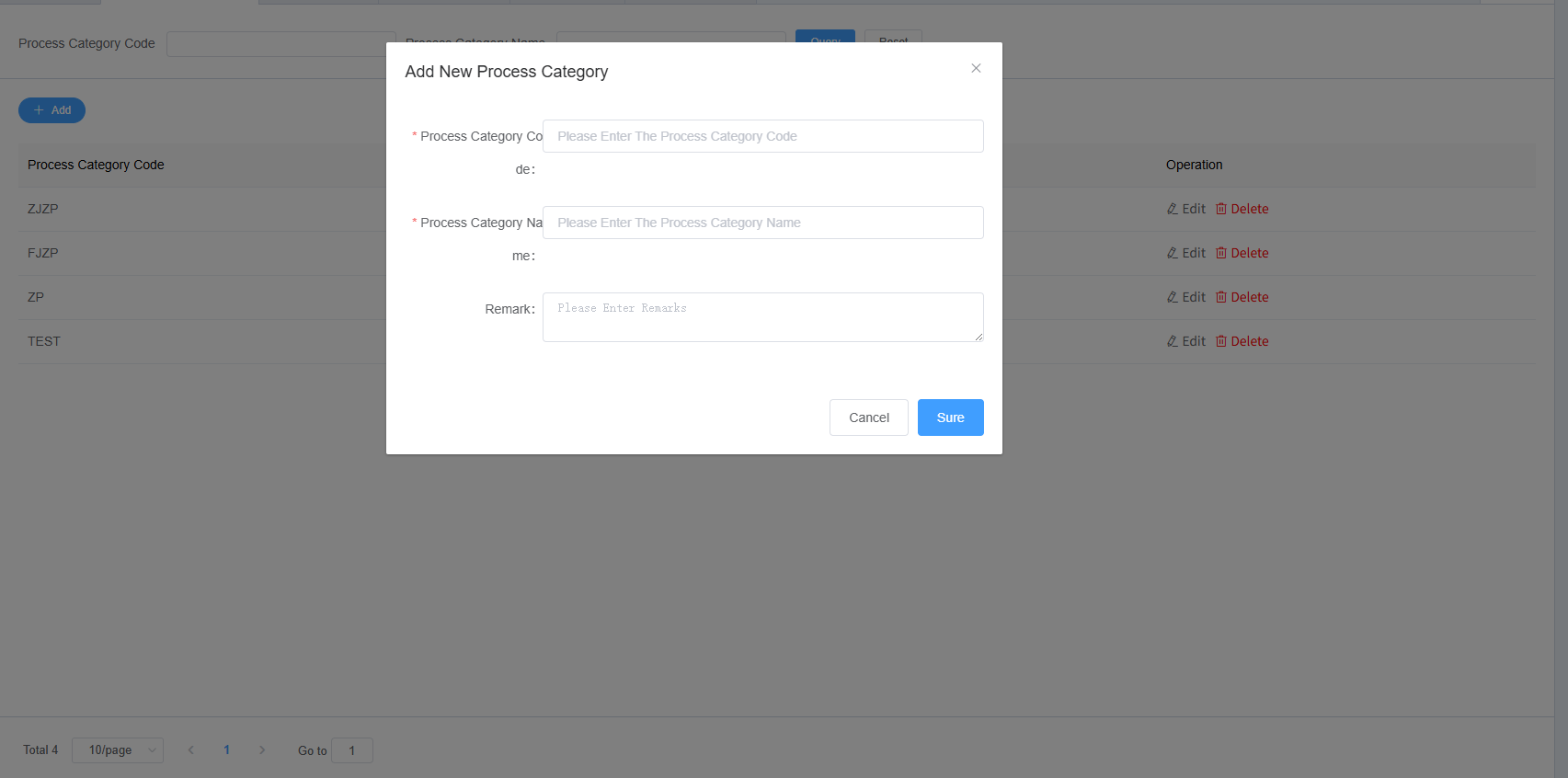 Process Flow Category Settings Screenshot