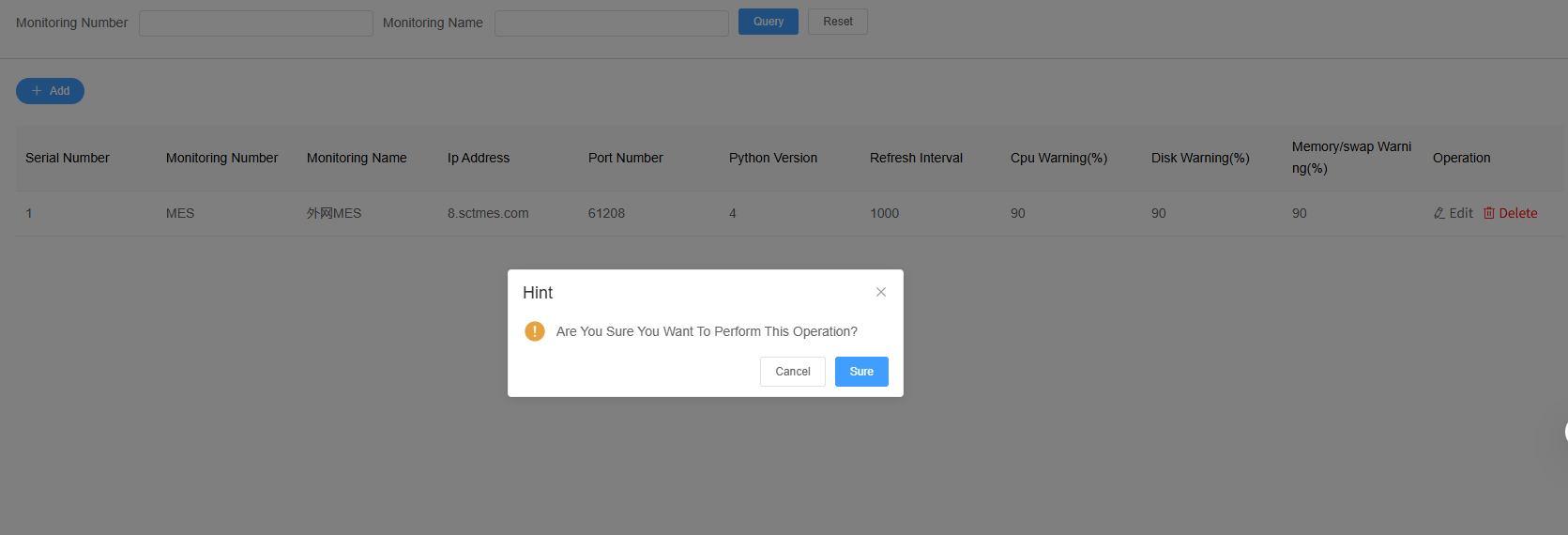 Delete Monitoring Configuration Screenshot
