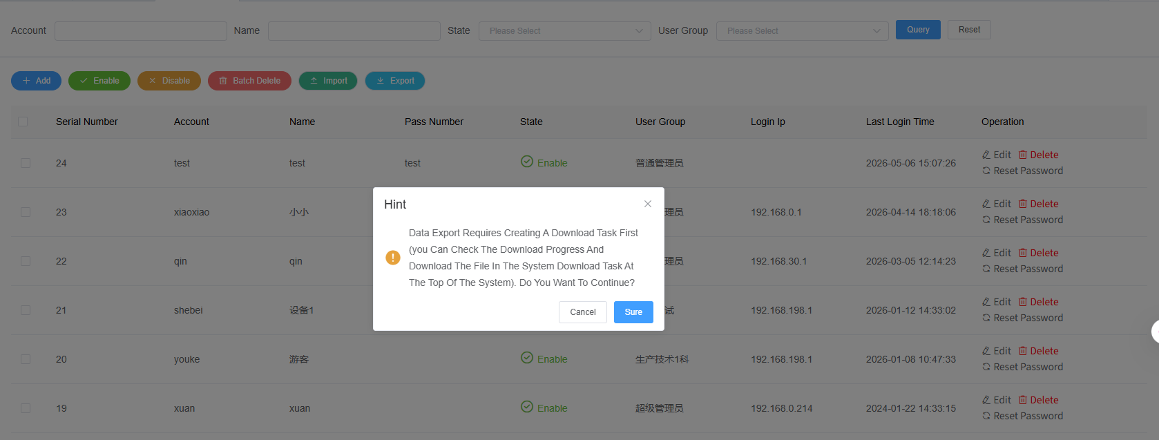 User Management Export Function Screenshot