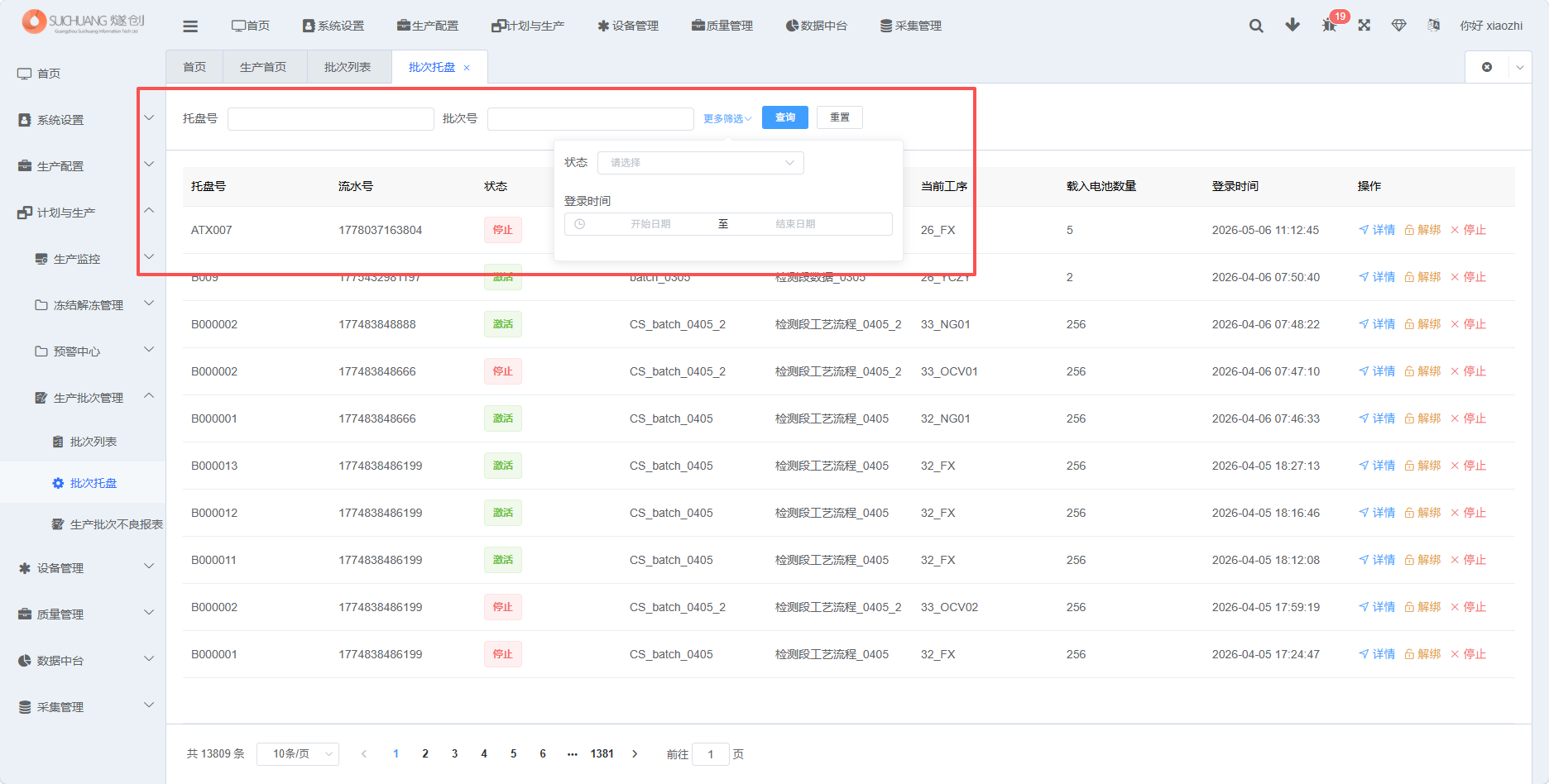 批次托盘查询条件截图