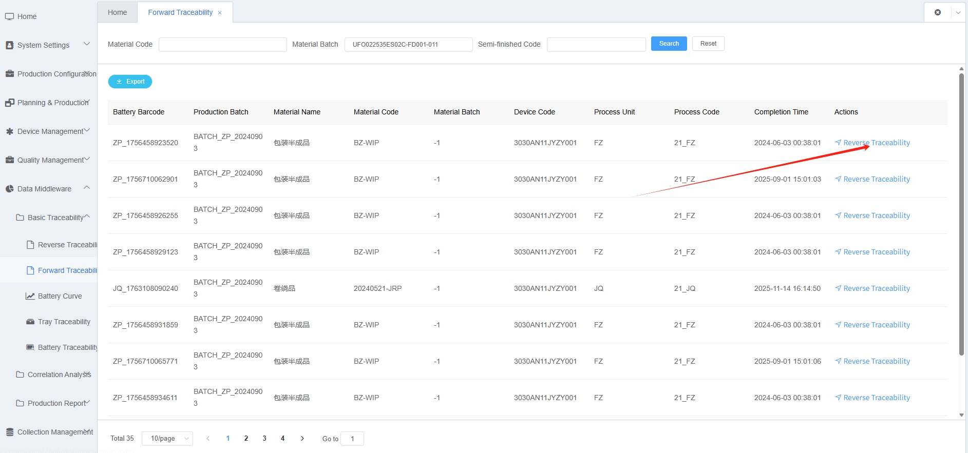 Positive Direction Traceability Jump to Reverse Traceability Screenshot