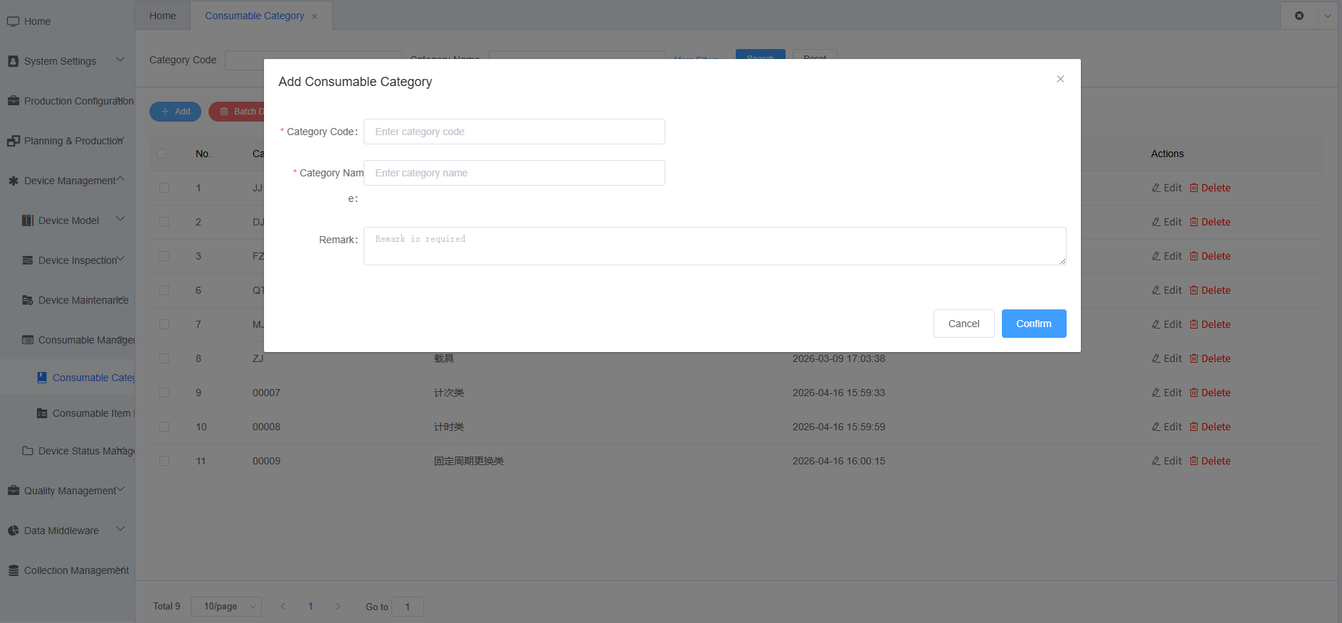 Equipment Consumables Category Management Add