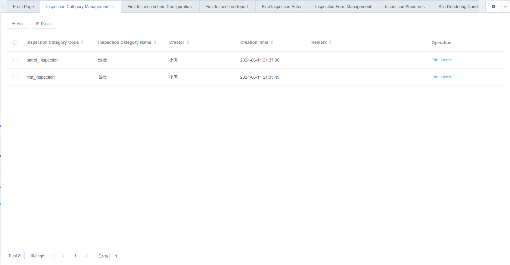 First Inspection Category List Screenshot