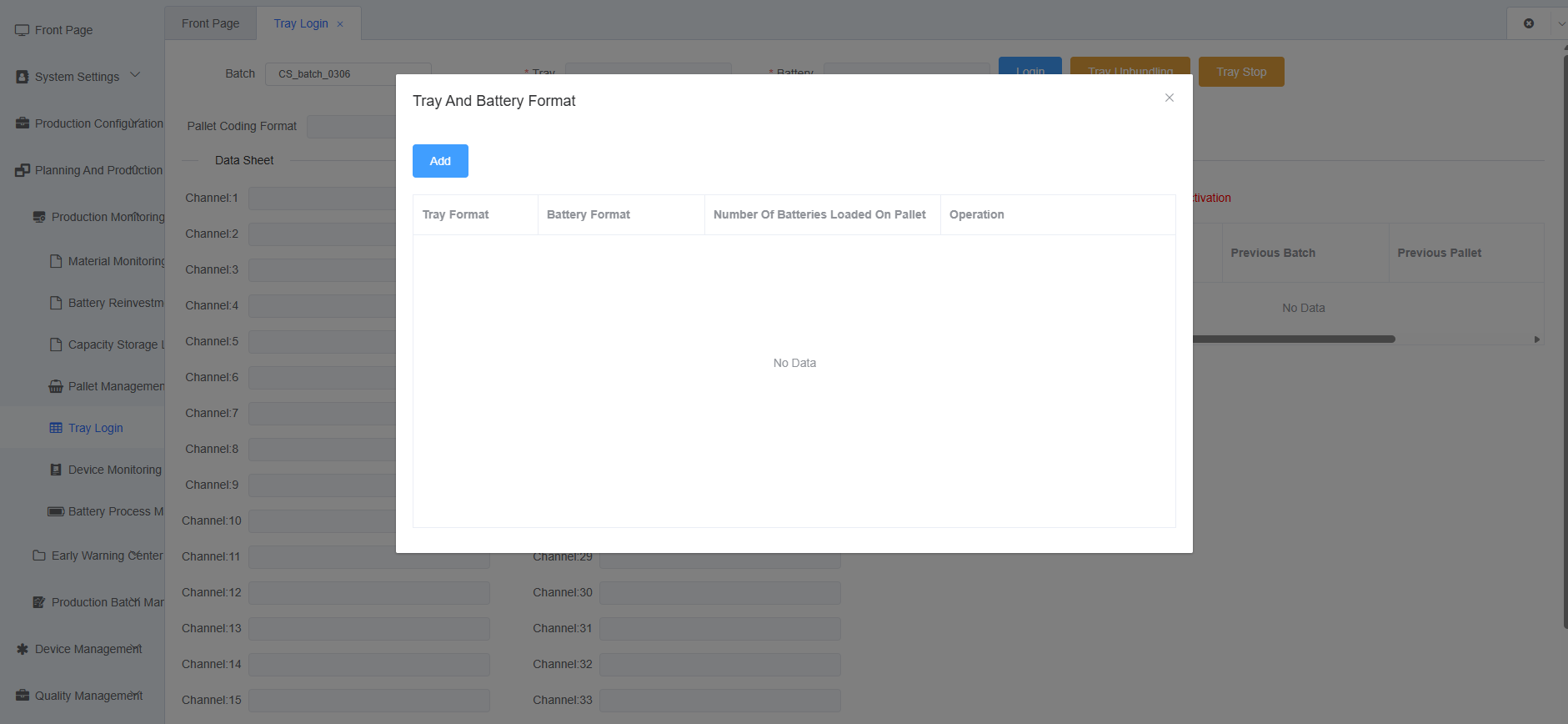 Tray Login Select Tray and Battery Format Screenshot 2