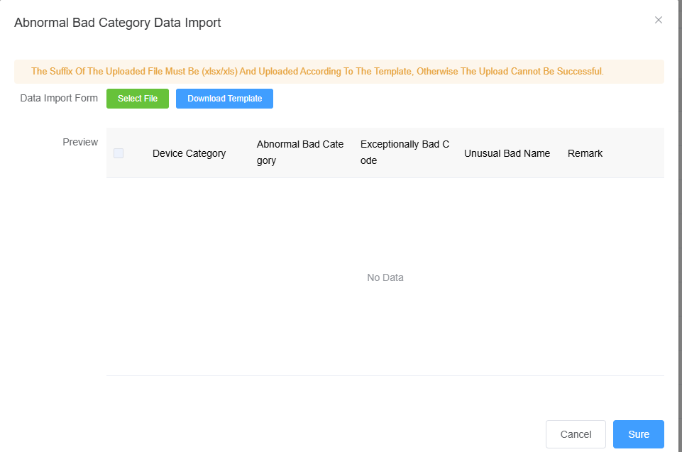 Import Abnormal/Defect Category Dialog Screenshot