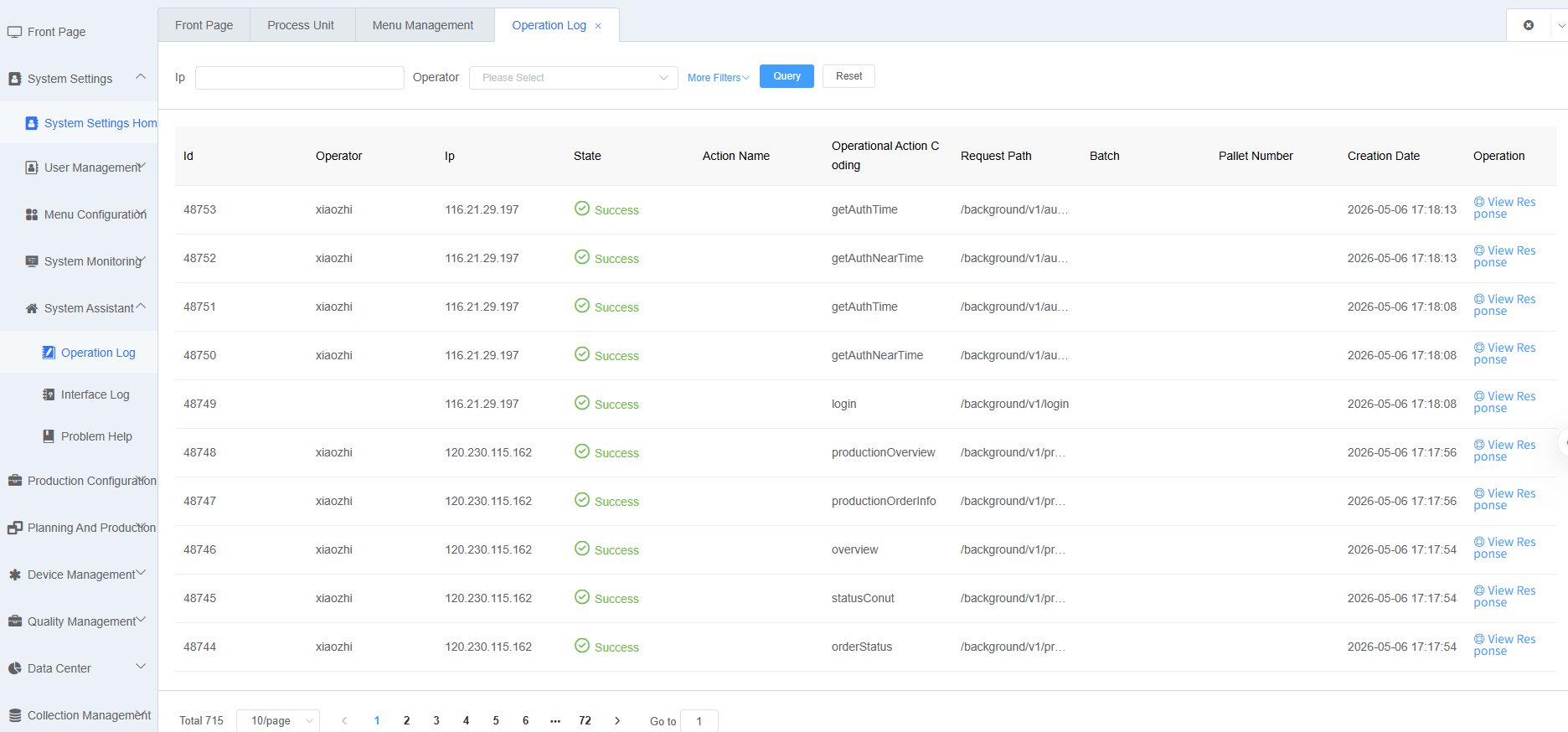 Operation Log Table Screenshot