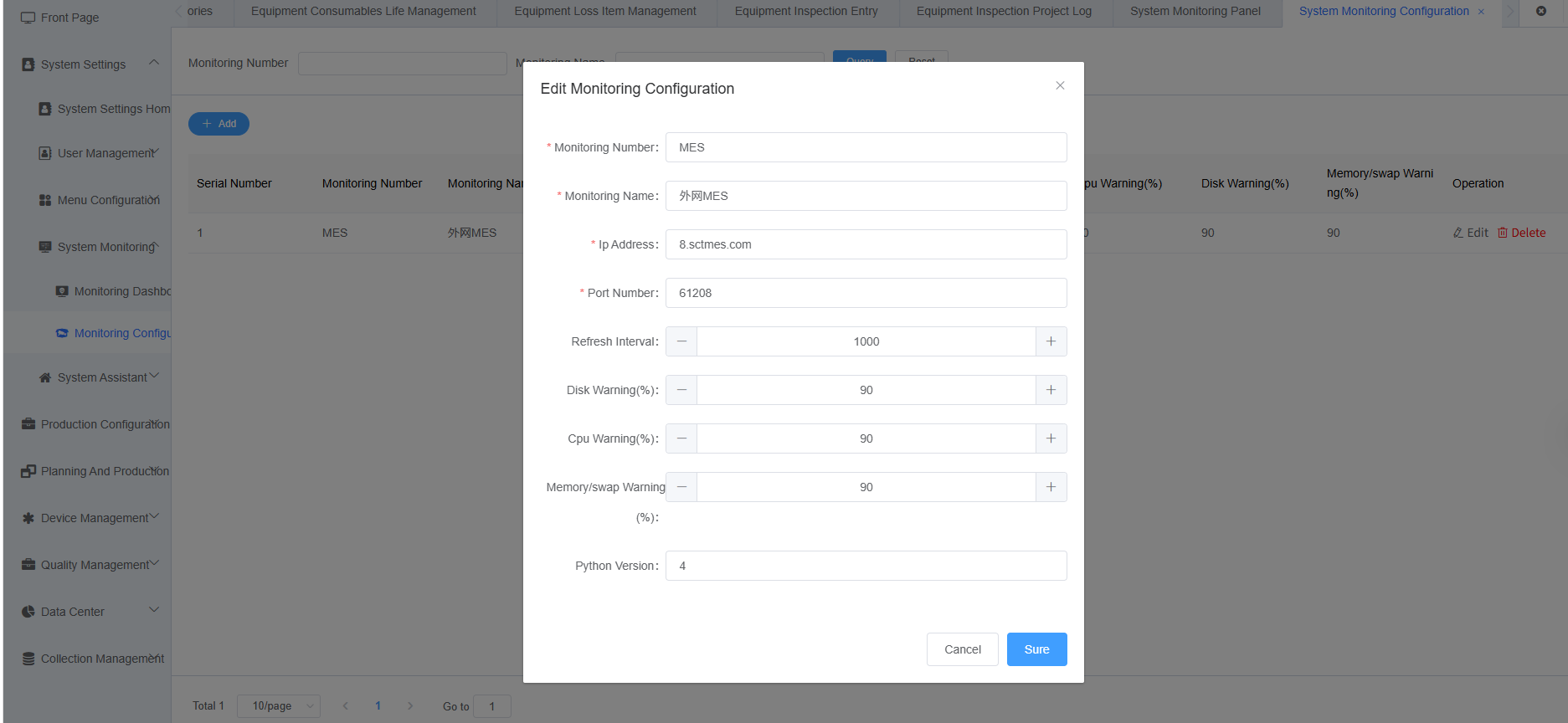 Edit Monitoring Configuration Screenshot
