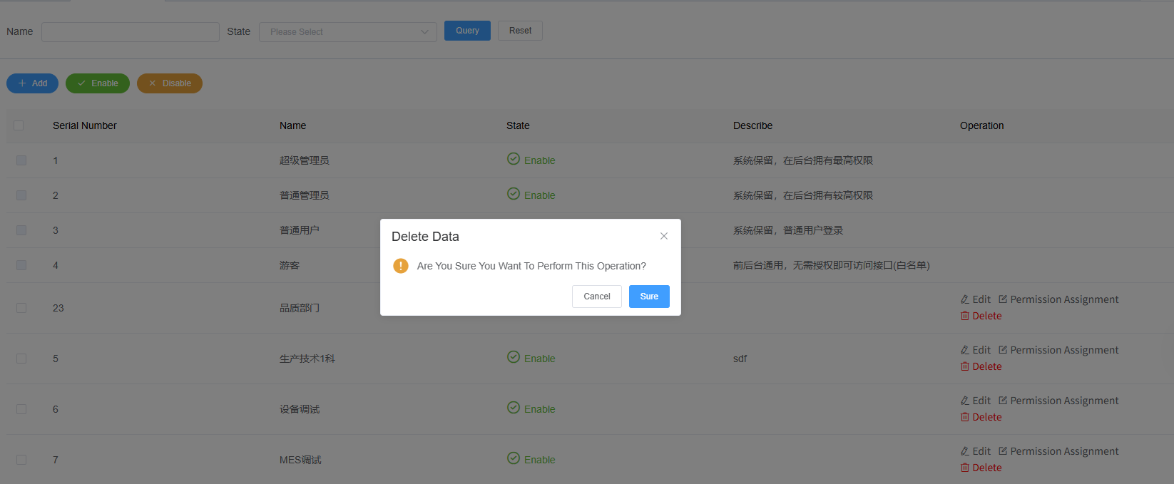 Role Management Delete Function Screenshot