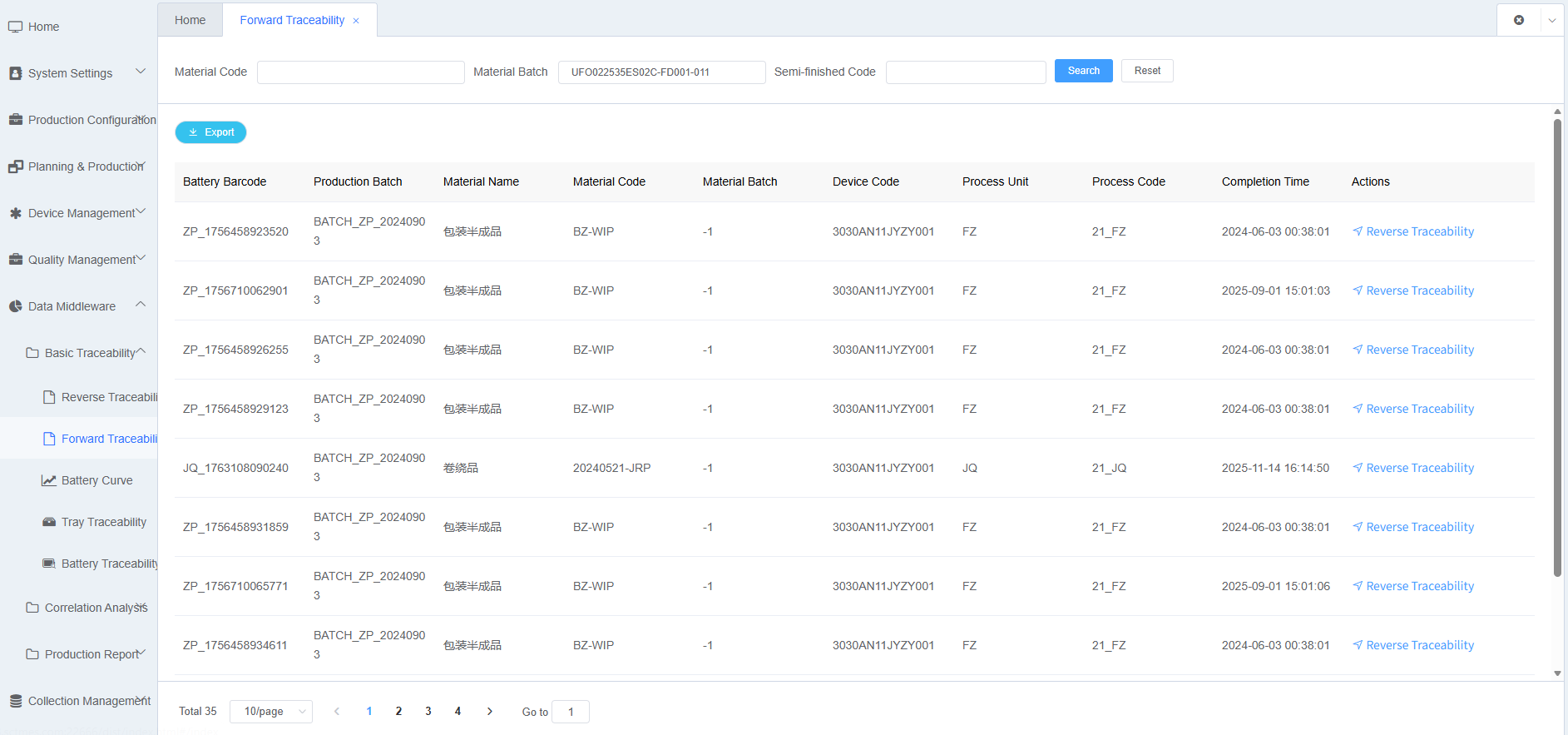 Positive Direction Traceability Result List Screenshot