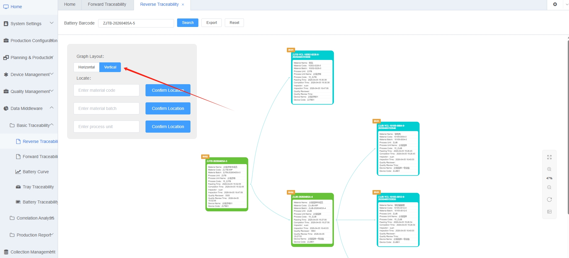 Reverse Direction Traceability Graph Mode Switch Screenshot