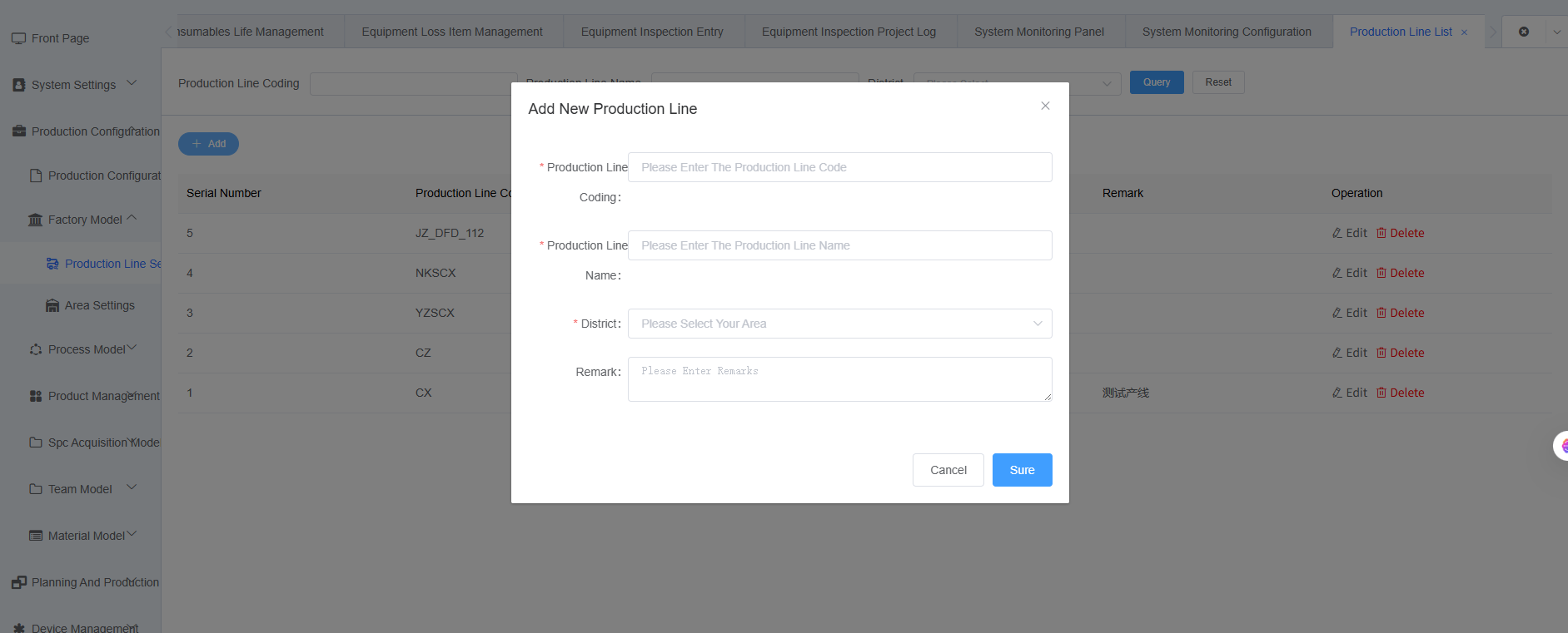 Add/Edit Production Line Screenshot