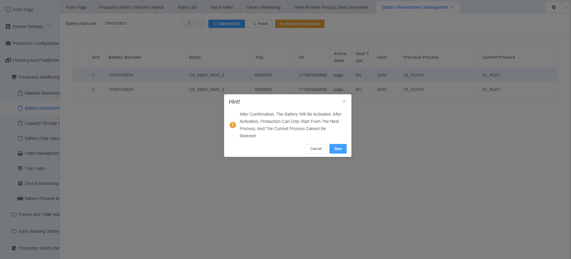 Rejection Activation Confirmation Screenshot