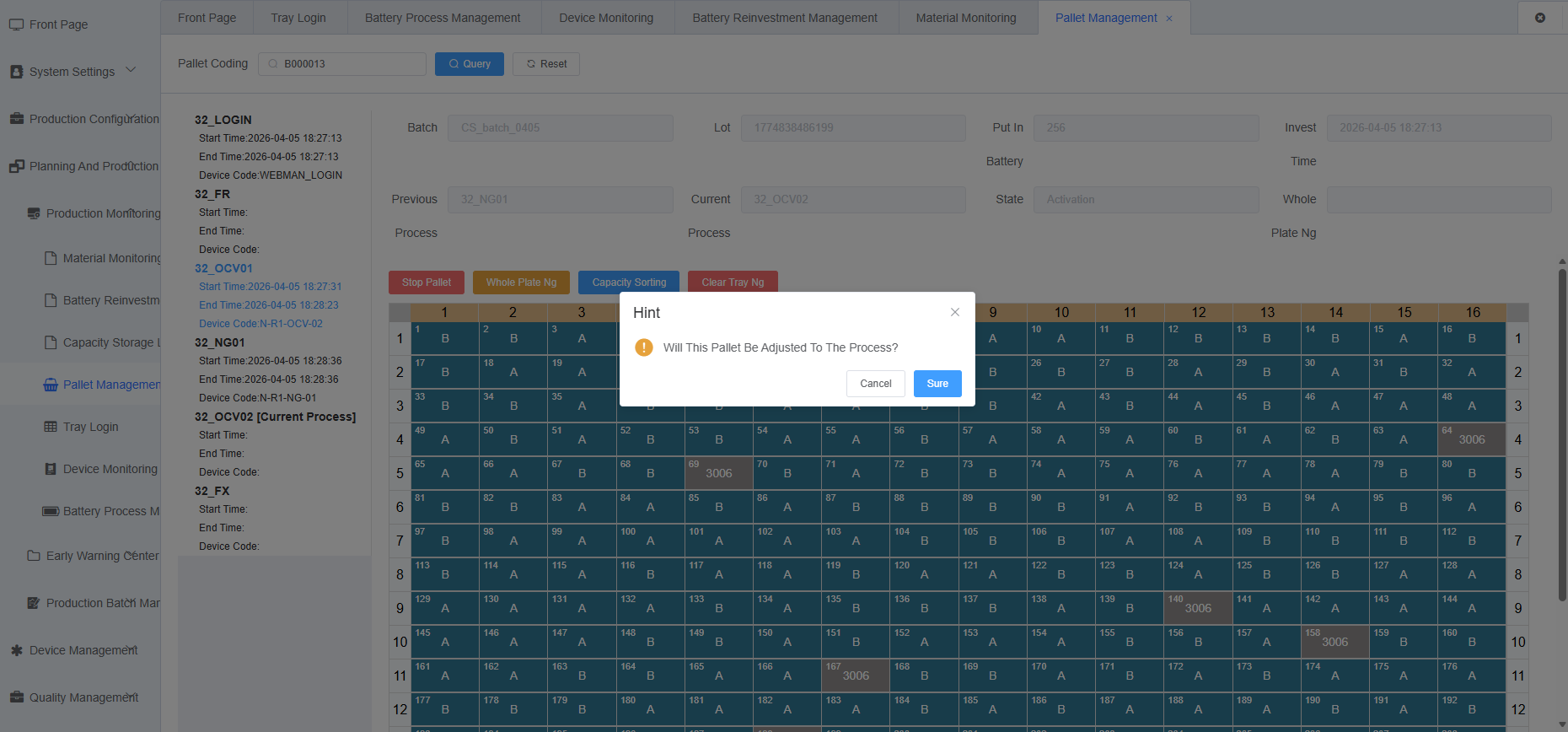 Tray Management Adjust Process Screenshot 2
