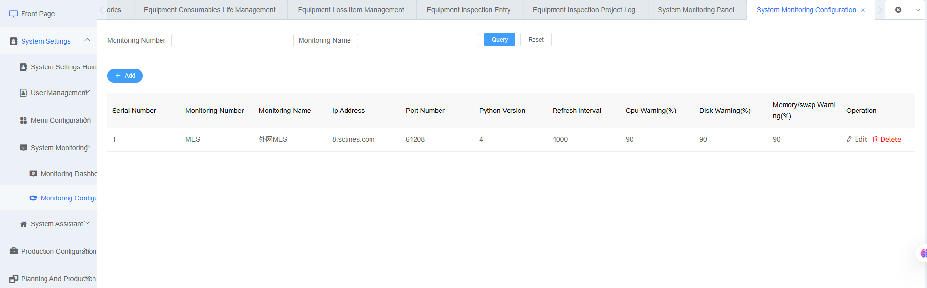 Monitoring Configuration Query Screenshot