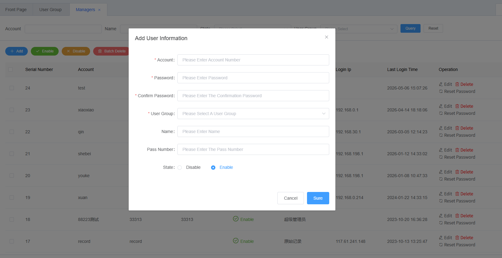 User Management Add Function Screenshot