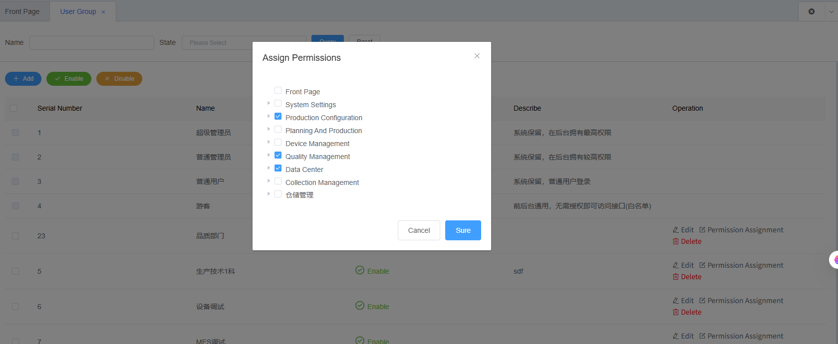 Role Management Permission Assignment Function Screenshot