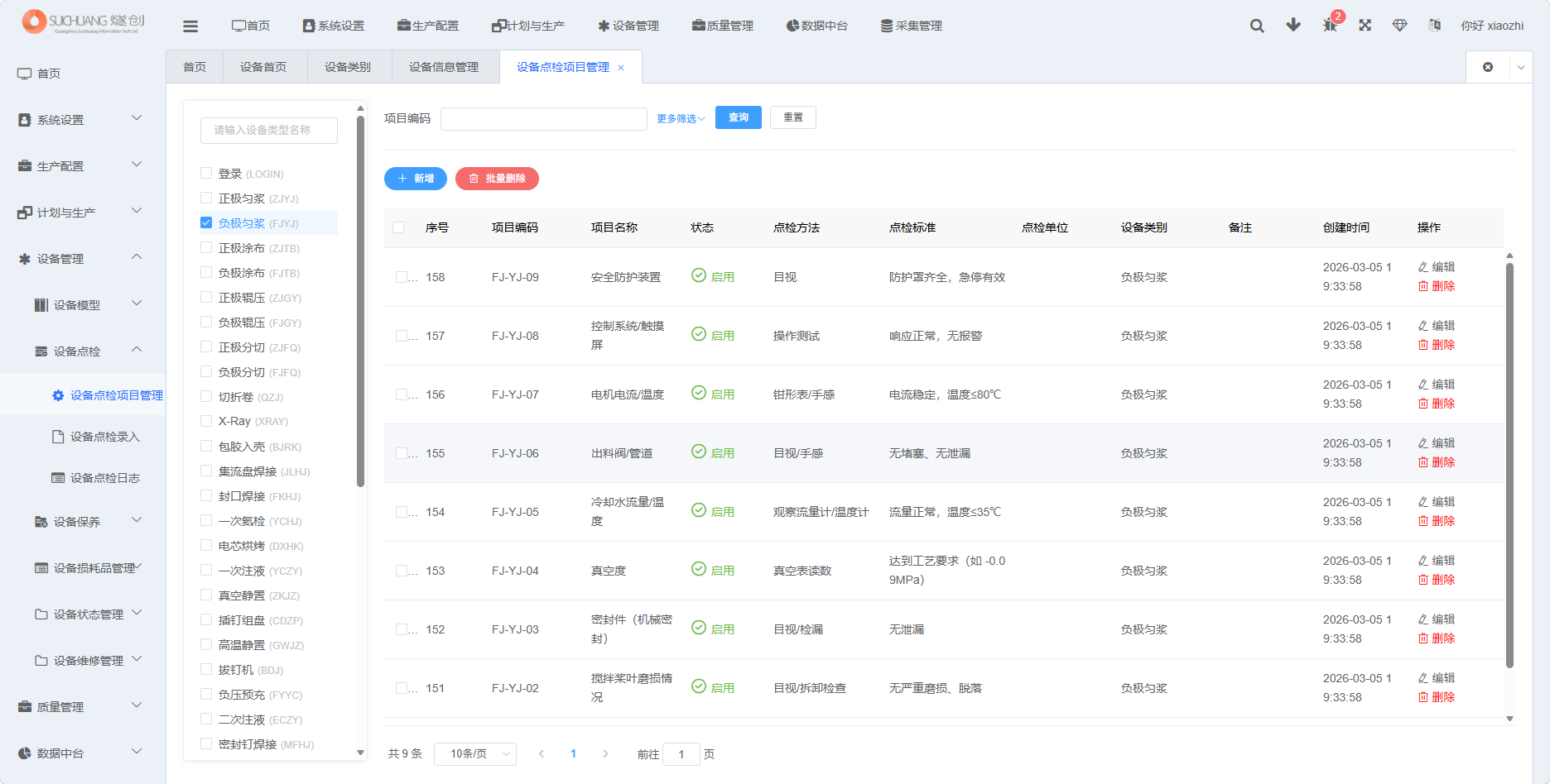 设备点检项目管理功能截图