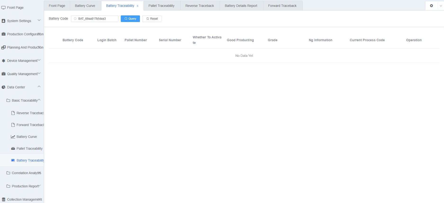 Battery Traceability Query Conditions