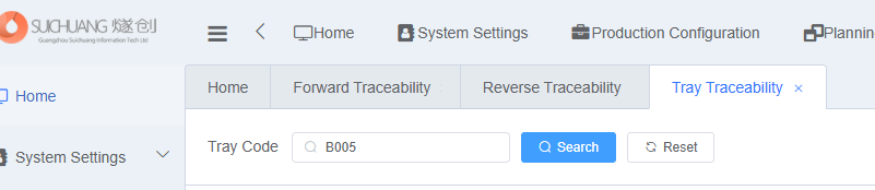 Tray Traceability Query Conditions Screenshot