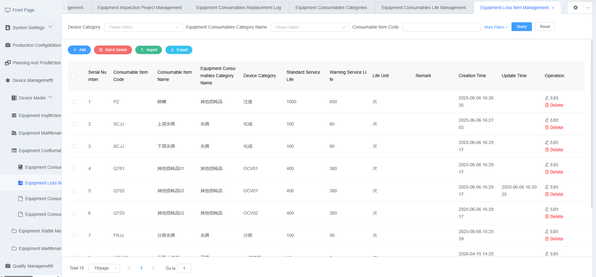 Equipment Consumables Item Management Function Screenshot