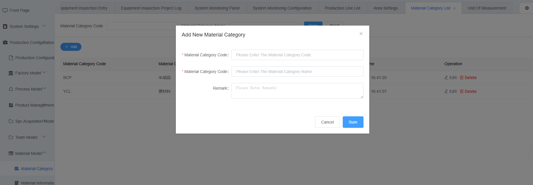 Material Category Settings Screenshot