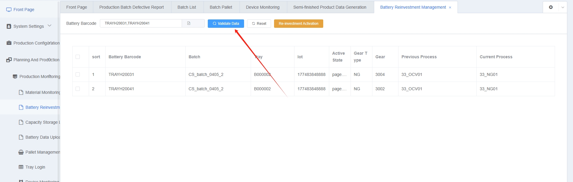 Battery Rejection Activation Data Verification Screenshot