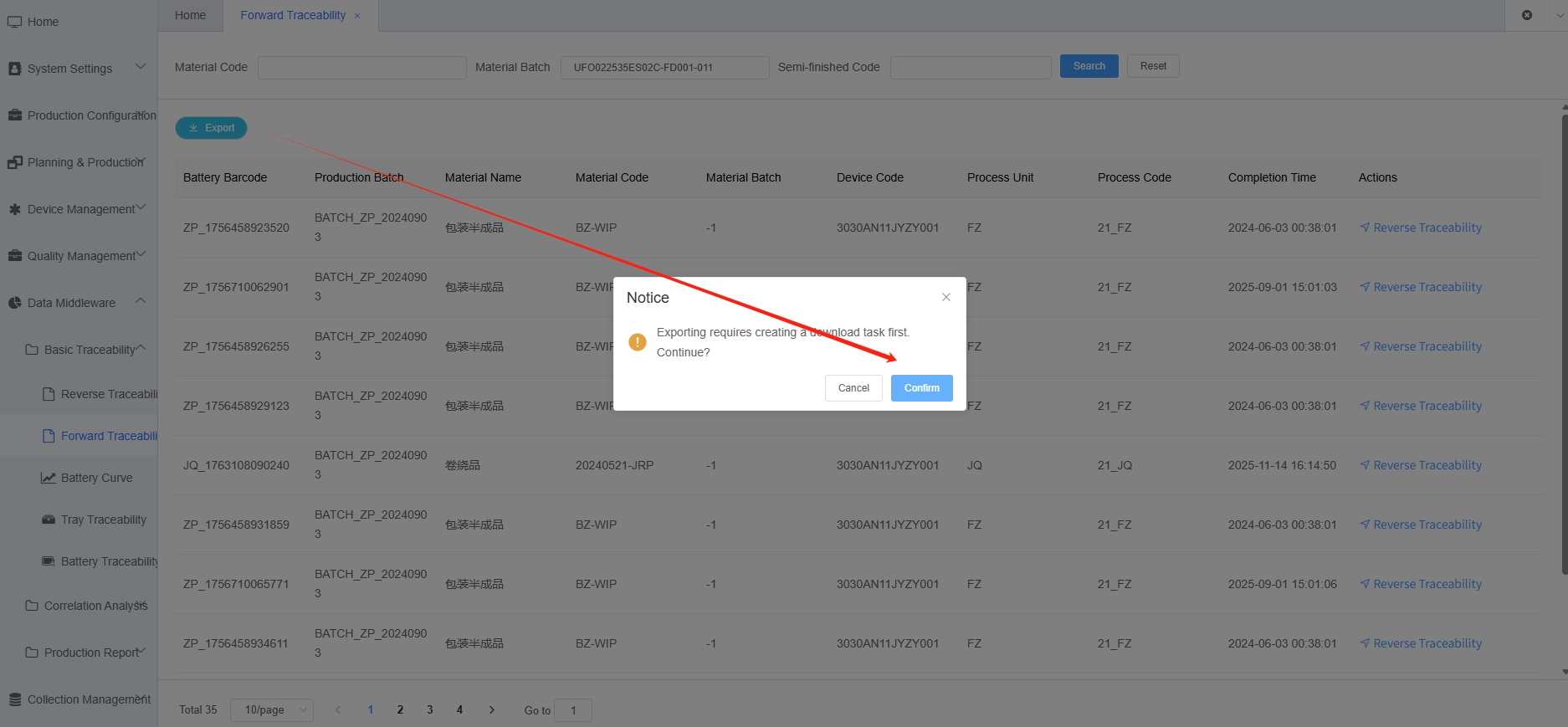 Positive Direction Traceability Export Confirmation Screenshot