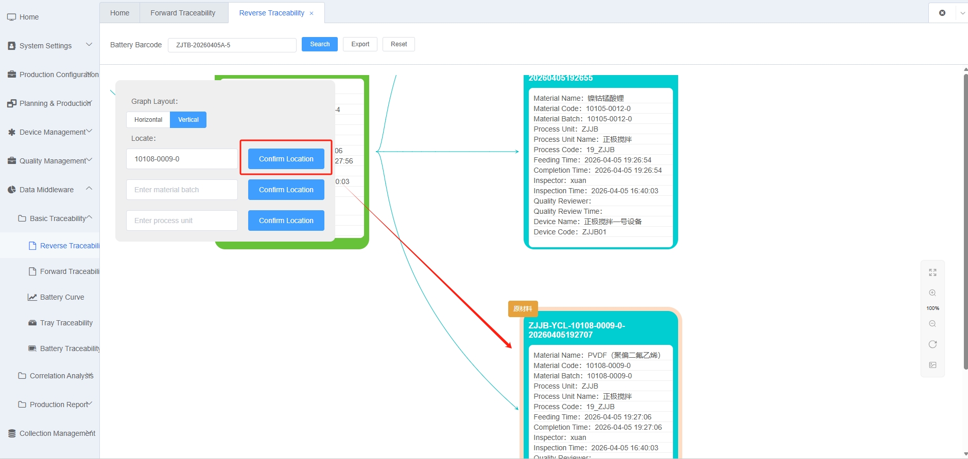 Reverse Direction Traceability Node Location Screenshot