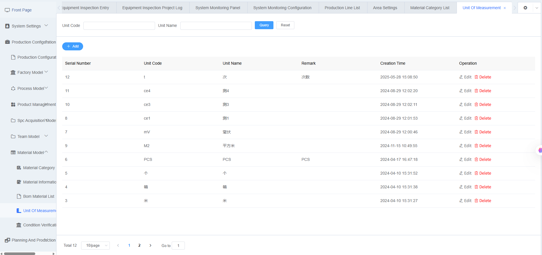 Unit of Measure List Screenshot