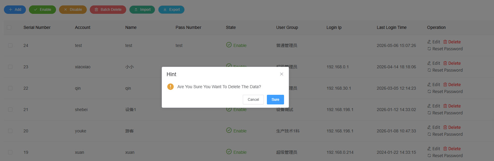 User Management Delete Function Screenshot