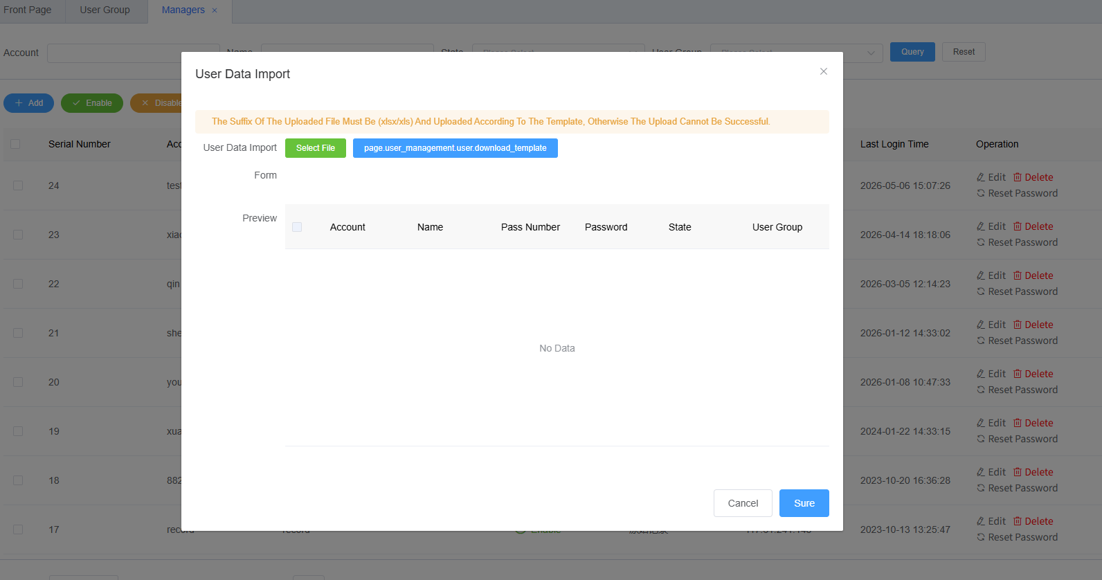 User Management Import Function Screenshot