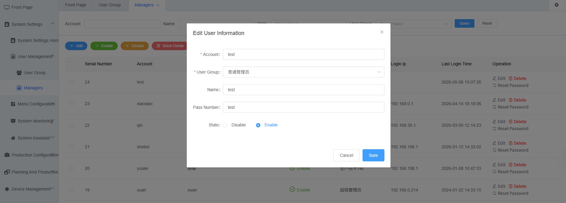 User Management Edit Function Screenshot