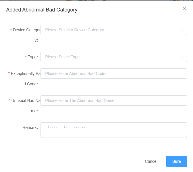 Add Abnormal/Defect Category Screenshot