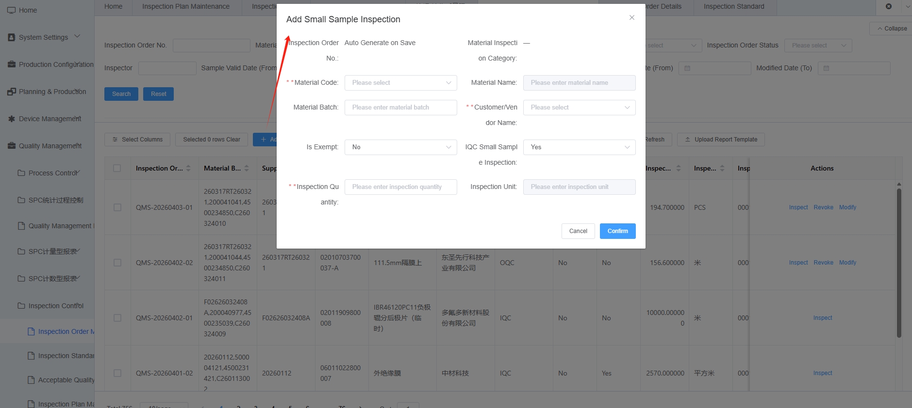 Add Small Sample Inspection Dialog Screenshot